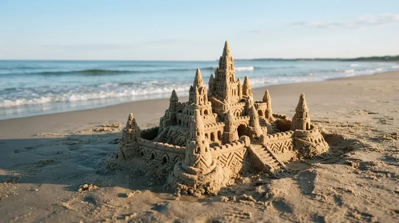A towering, intricately carved sandcastle standing on a sunny beach with sharp architectural details.
