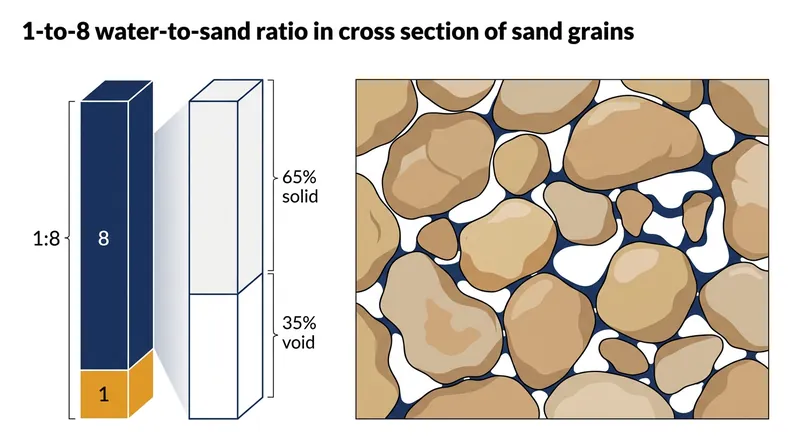 The 1-to-8 ratio fills exactly enough void space to create capillary bridges without oversaturating the sand.
