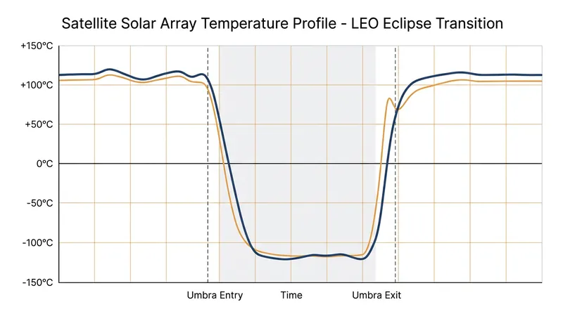 Solar arrays experience extreme temperature swings during eclipse transitions.