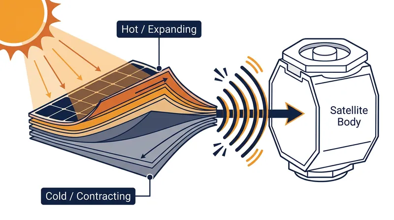 Rapid uneven heating causes flexible solar arrays to suddenly bend, sending a shock through the spacecraft.