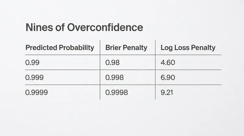 Adding additional decimal points of overconfidence barely moves the Brier score, but adds massive fixed penalties to log loss.