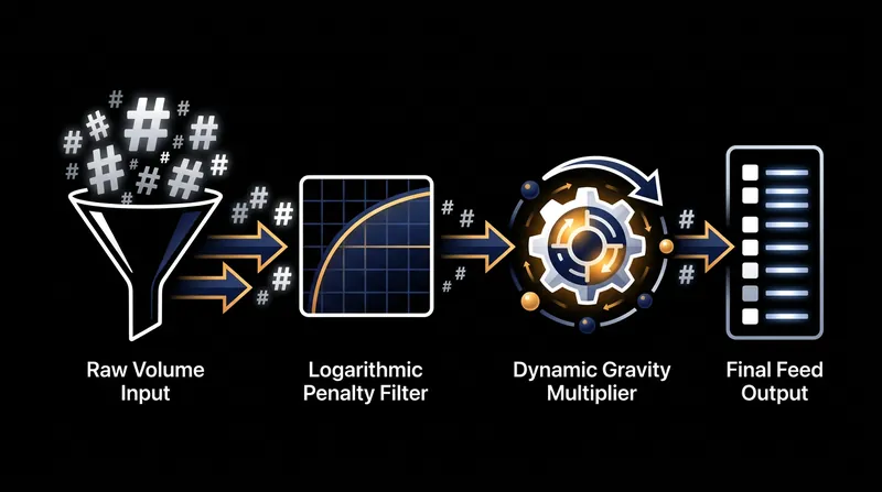 Stream filters apply logarithmic scaling and dynamic gravity to suppress hyper-viral trends.