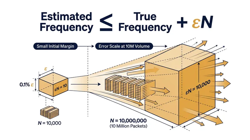 As the total volume of the stream grows, the acceptable error margin expands, masking smaller anomalies.
