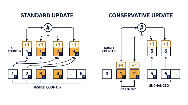 Conservative updates mitigate overestimation by only incrementing the smallest counters during an insertion.