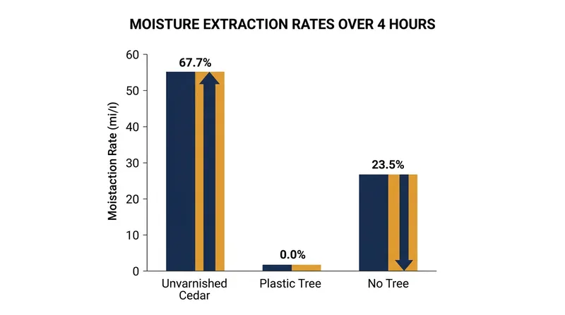Unvarnished cedar extracts moisture significantly faster than ambient evaporation.