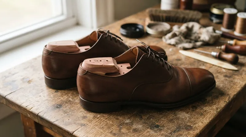Close-up of unvarnished wooden shoe trees inserted into a pair of dark brown leather dress shoes.