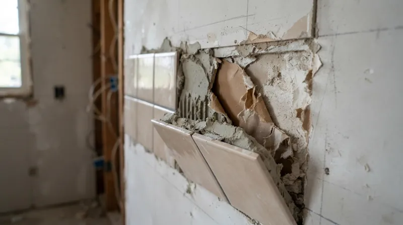 Close-up of a broken wall tile revealing grey mortar attached to torn brown drywall paper.