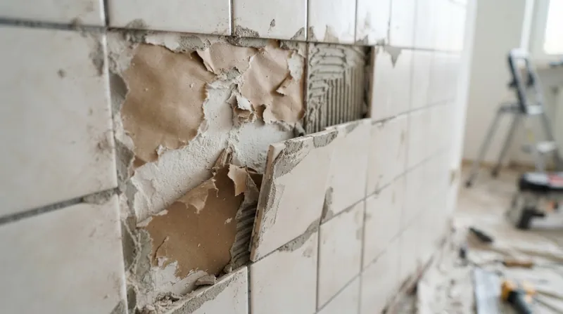 Illustration: Tiles often detach in large sheets, taking the torn drywall facing with them while leaving the gypsum core exposed.