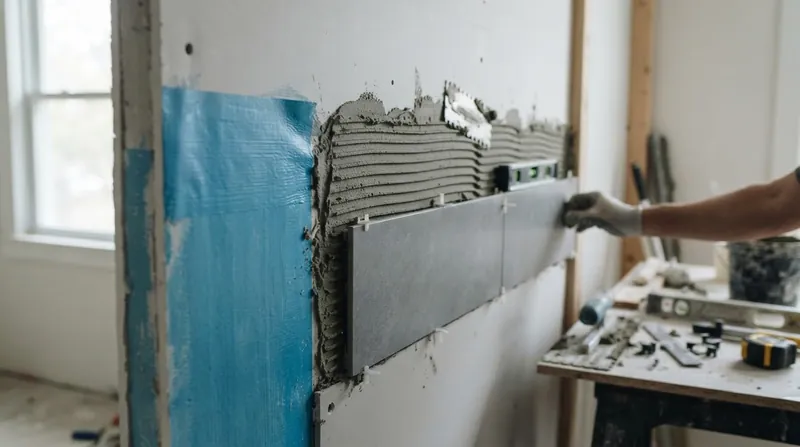 Illustration: Liquid-applied membranes create a chemical and moisture barrier, allowing safe tile installation over standard drywall in dry zones.