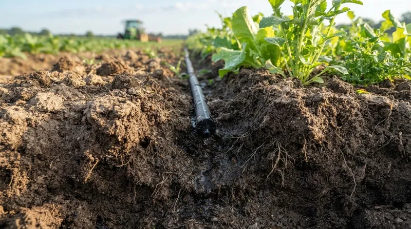 A tractor installing black polyethylene drip irrigation tubing into the soil of a large agricultural field.