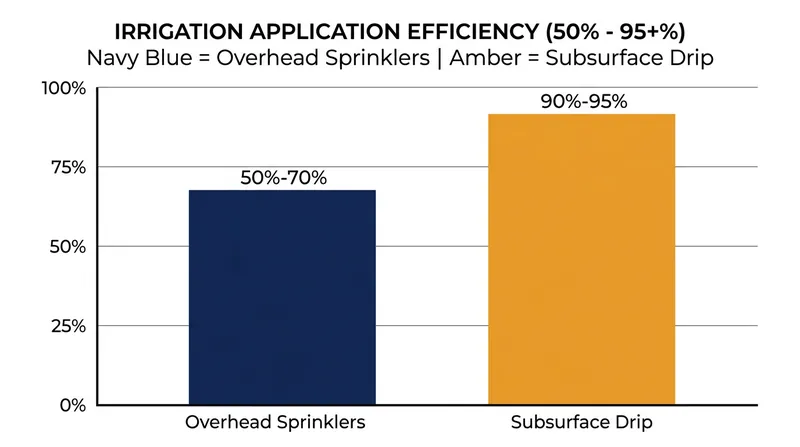 Subsurface drip systems push application efficiency past 90 percent by eliminating surface evaporation.