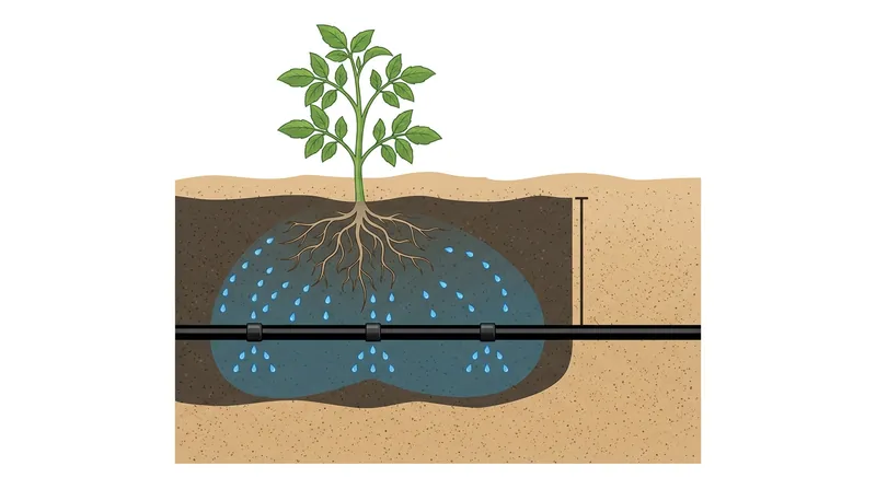 Water moves through the soil via capillary action, creating a continuous wetted zone around the roots.