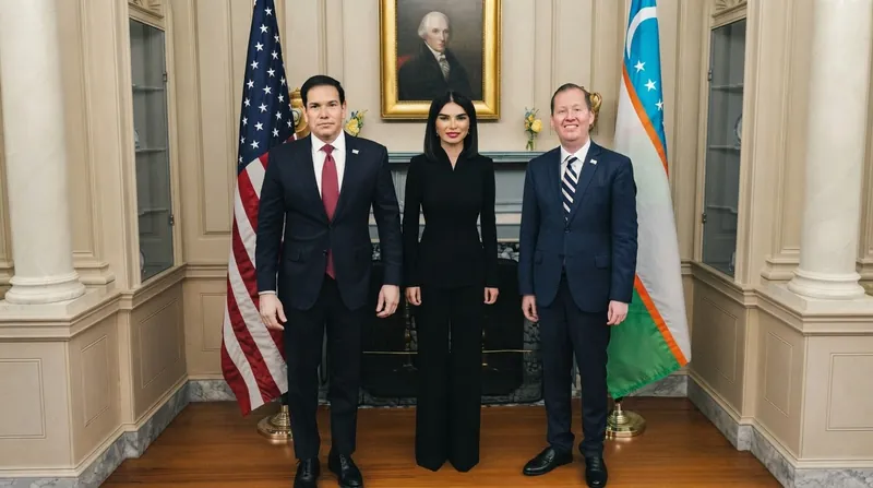 US Secretary of State Marco Rubio shaking hands with Central Asian diplomats in a formal summit hall.