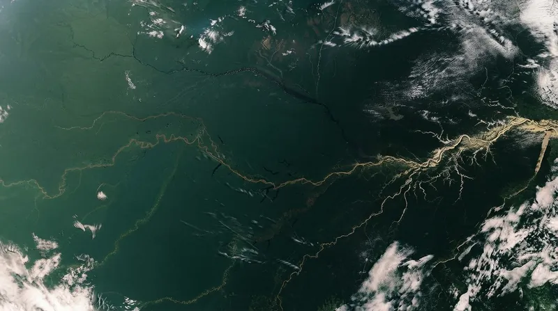 Aerial view of a dense green rainforest canopy with thick white smoke rising from beneath the trees.