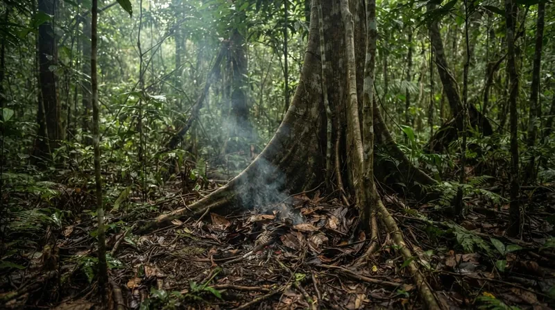 Illustration: Sub-canopy fires creep slowly across the dried leaf litter, generating intense heat at the base of thin-barked tropical trees.