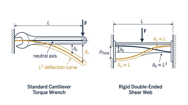 Cantilever deflection introduces bending errors that scale with the cube of the lever arm's length.