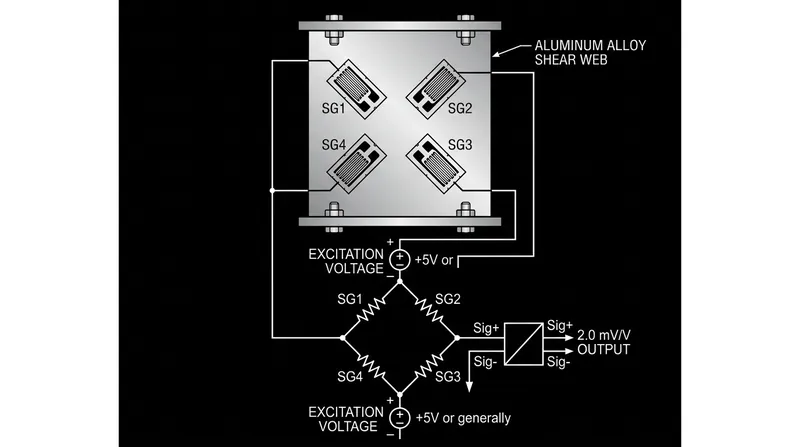 A Wheatstone bridge circuit translates the pure shear force into a highly stable ratio-metric electrical signal.