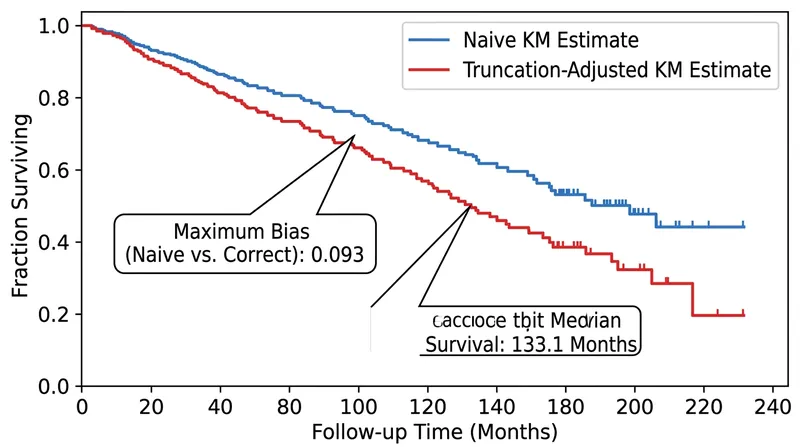 Ignoring delayed entry shifts the entire survival curve upward, overstating the median survival time.