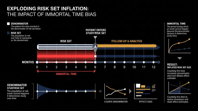 Risk set inflation occurs when patients are counted in the denominator during periods they were not under observation.