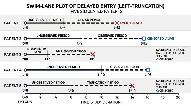 A swim-lane plot illustrates how left-truncation hides the early survival period of patients who enter a study late.