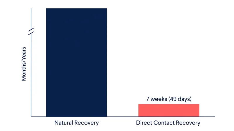 Direct contact with a healthy clone reduces the coral recovery timeline from months or years down to just 49 days.