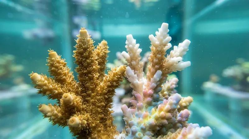 A vibrant, healthy coral branch physically touching a completely white, bleached coral branch underwater.