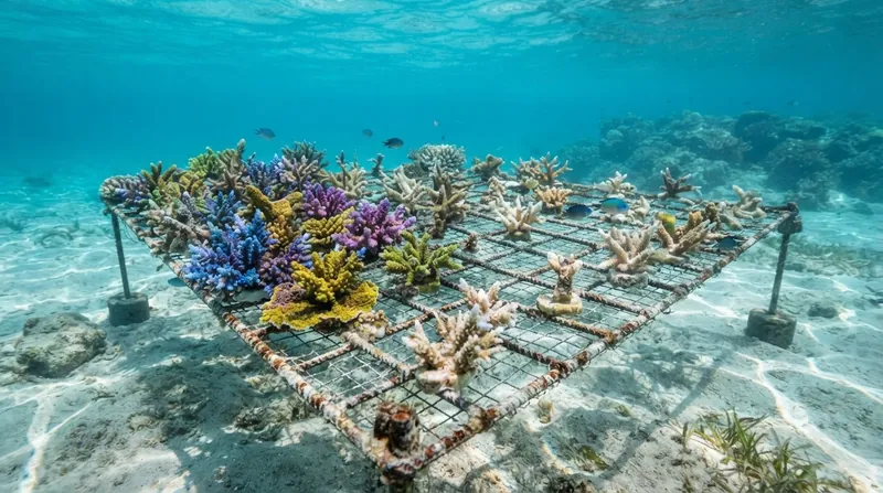 Illustration: Underwater nurseries could cultivate thermally tolerant donor corals specifically for emergency deployment during mass bleaching events.