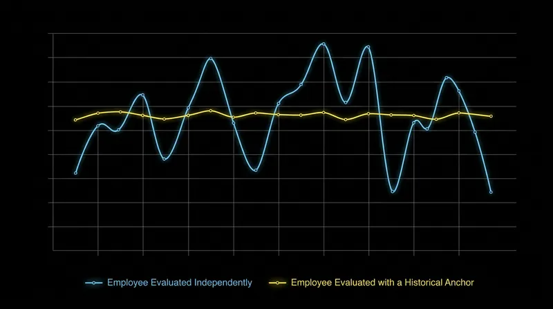 Anchoring bias compresses the distribution of performance scores into a narrow, historical band.