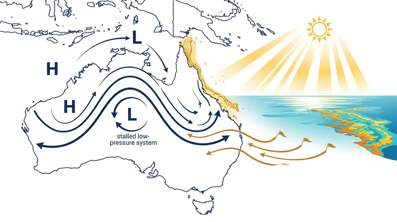 When cyclonic anomalies stall over eastern Australia, they disrupt the cooling trade winds and create prolonged doldrums.