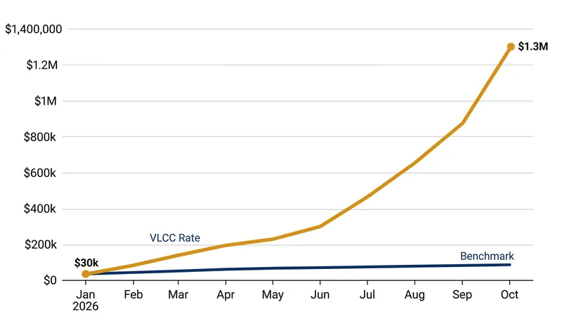 Daily charter rates for supertankers on the Middle East-to-Asia route have spiked dramatically since January.