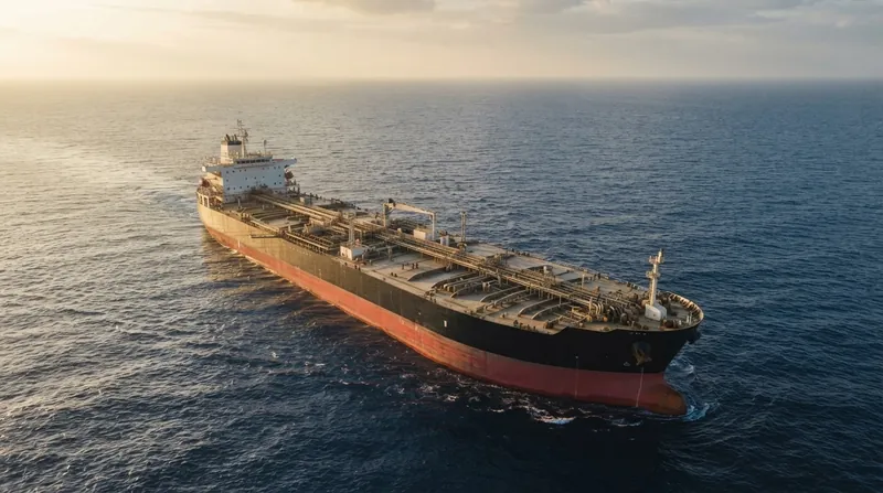 A massive crude oil supertanker navigates through open ocean waters under dramatic lighting.