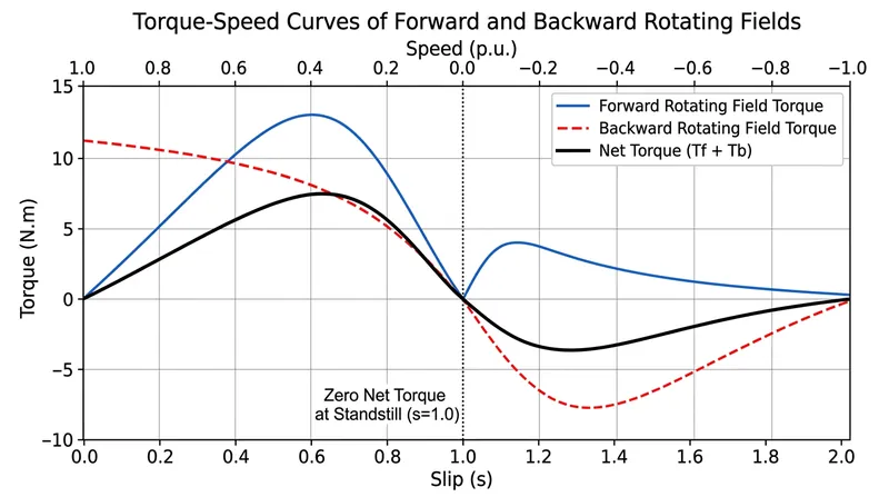 At a dead stop, the forward and backward torques cancel each other out perfectly, resulting in zero net starting torque.