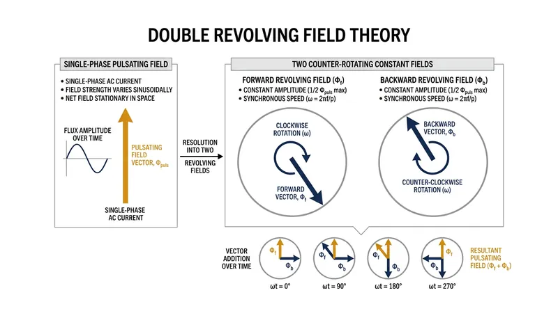 A single pulsating magnetic field is mathematically identical to two fields rotating in opposite directions.