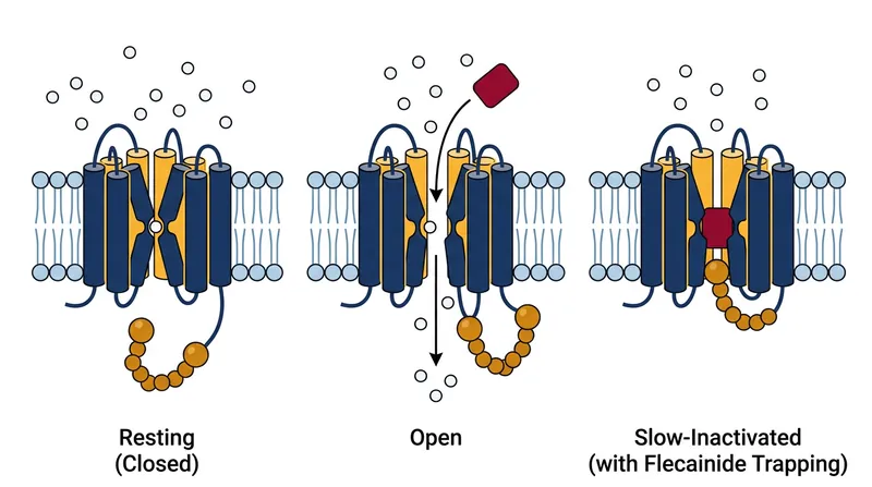 The gating cycle of the Nav1.5 channel and the mechanism of flecainide trapping.