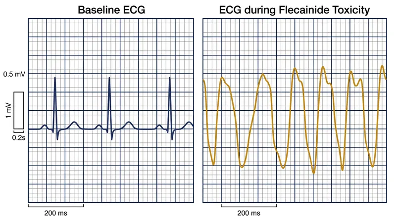Profound sodium channel blockade slows intraventricular conduction, manifesting as a widened QRS complex.