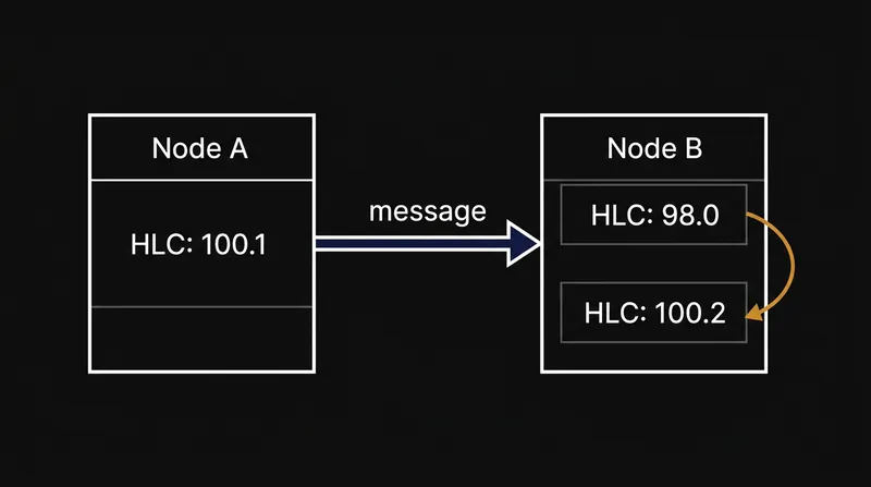 When nodes communicate, the receiving node updates its clock to the maximum of its local time and the incoming message time.