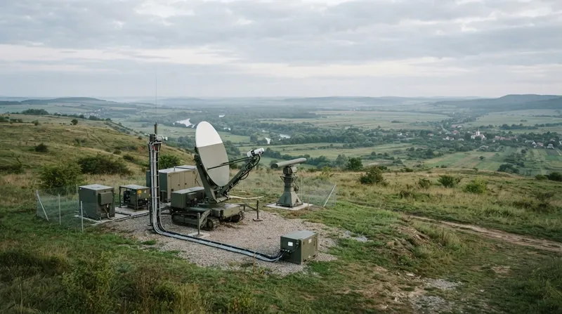 A Ukrainian military air defense radar system silhouetted against a twilight sky.