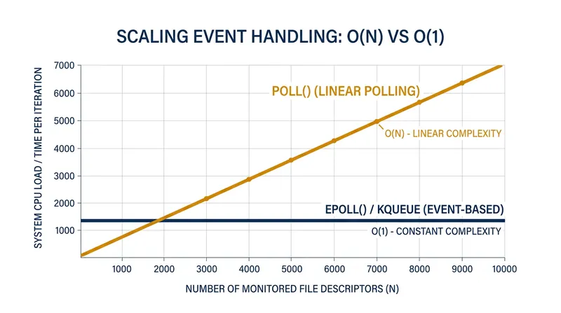 As concurrent connections scale, legacy polling consumes exponentially more CPU time, while epoll remains constant.