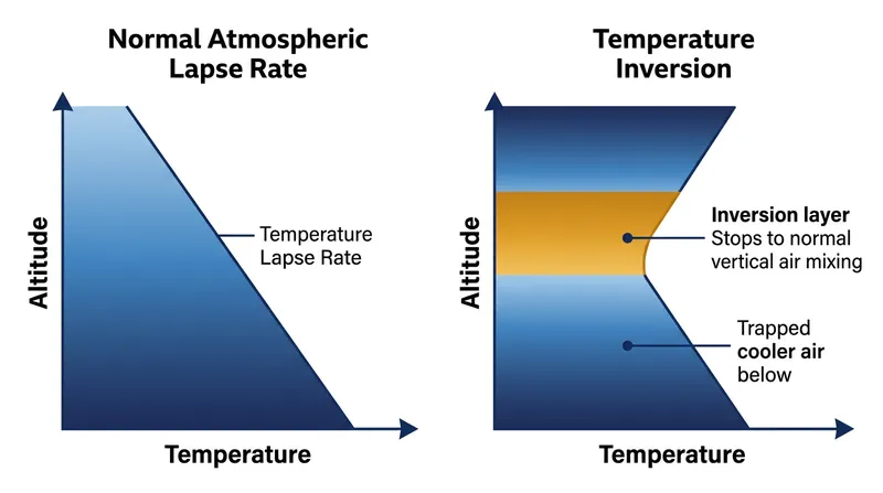 Under normal conditions, air cools by 9.8°C per kilometer of altitude. An inversion reverses this gradient, halting vertical mixing.