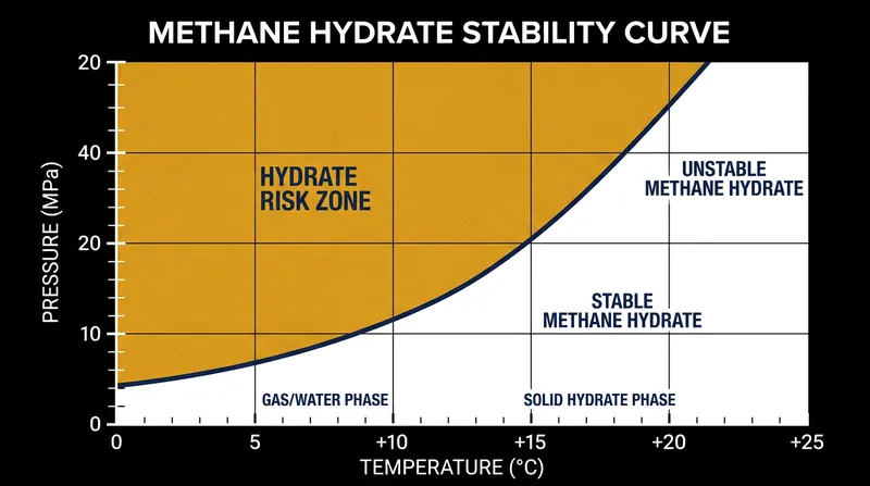 High pressures and low temperatures force water and methane to combine into solid hydrate plugs.