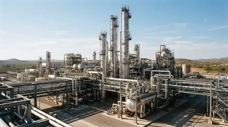 A towering vertical glycol contactor vessel at a natural gas processing facility surrounded by steel piping.