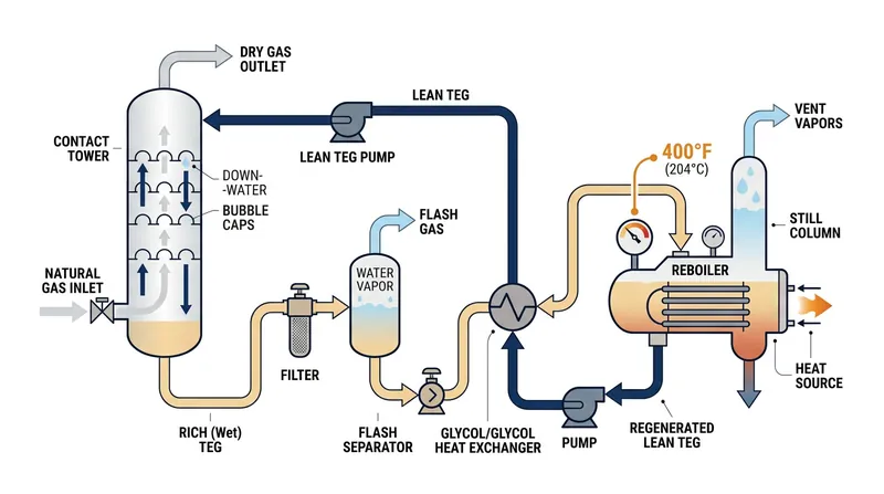 The regeneration cycle boils off captured water to restore the glycol desiccant for reuse.