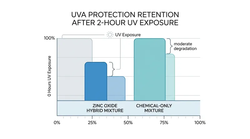 Hybrid mixtures lose significantly more UVA protection factor than chemical-only formulas under identical UV stress.