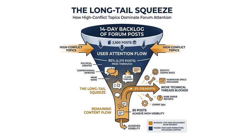 When attention is scarce, users rely on heuristic filtering to skip complex, long-tail discussions.