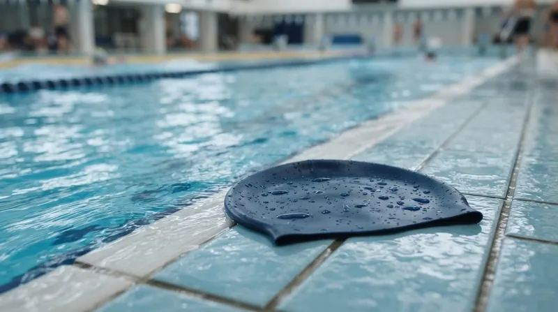 Underwater side profile of a competitive swimmer gliding through a blue pool wearing a smooth black silicone cap.