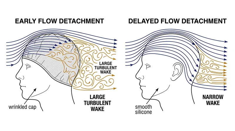 A smooth surface delays boundary layer separation, significantly shrinking the low-pressure wake that pulls the swimmer backward.