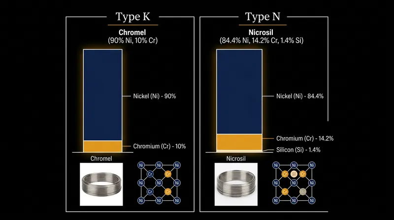 Type N sensors add silicon and increase chromium to prevent the atomic ordering that plagues Type K.