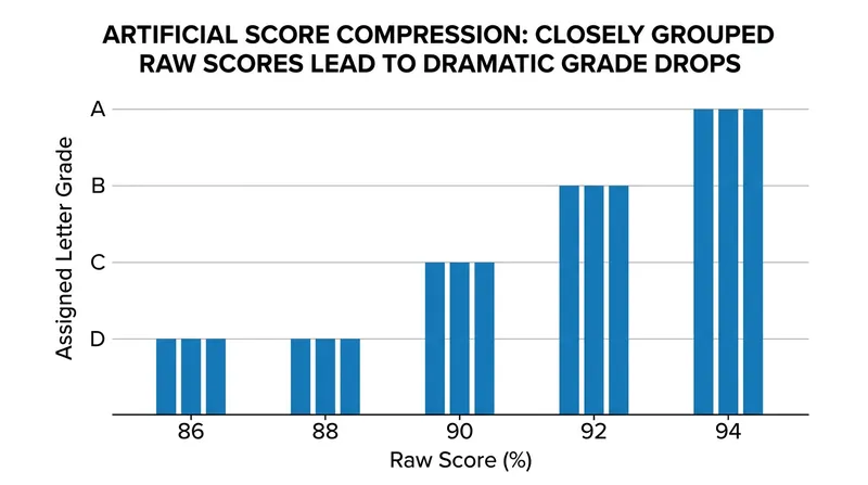 Artificial score compression manufactures large grade differences from minor variations in raw scores.