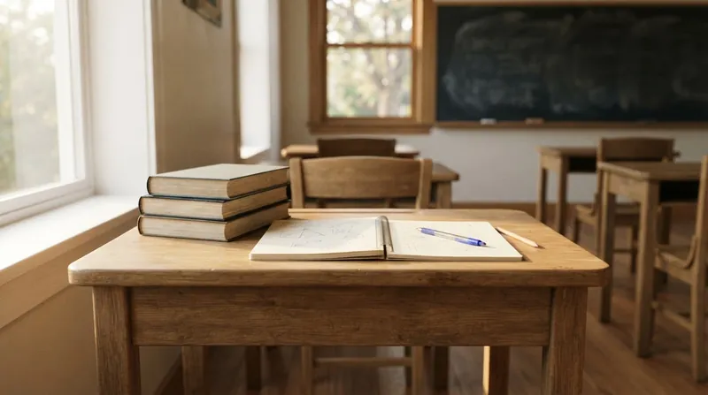 A university professor sits at a wooden desk in an empty lecture hall, grading exam papers with a red pen.