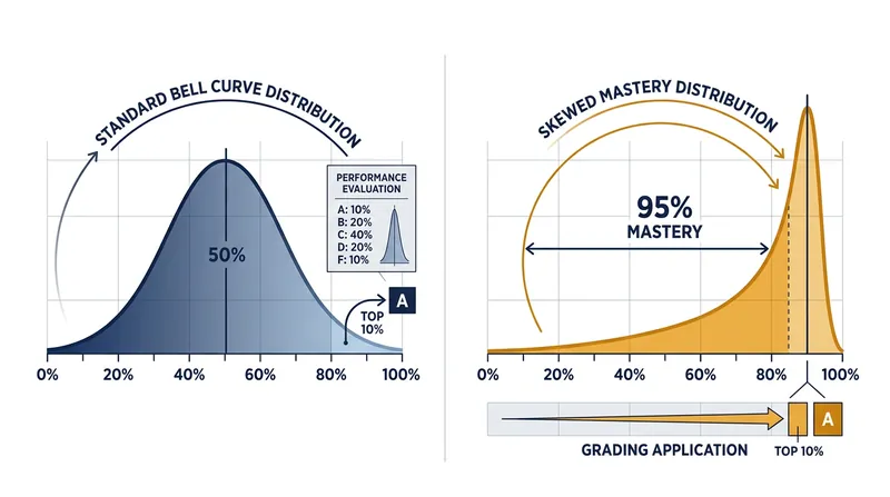 Normative curves force a symmetrical distribution, penalizing high-achieving cohorts.